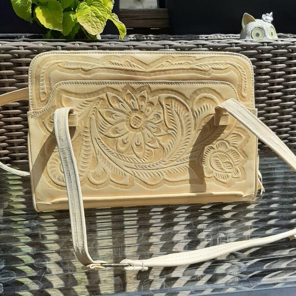 VINTAGE Hand Tooled Mexican Leather Purse Handbag Tan Floral 11" x 8" x 5" - Picture 5 of 16